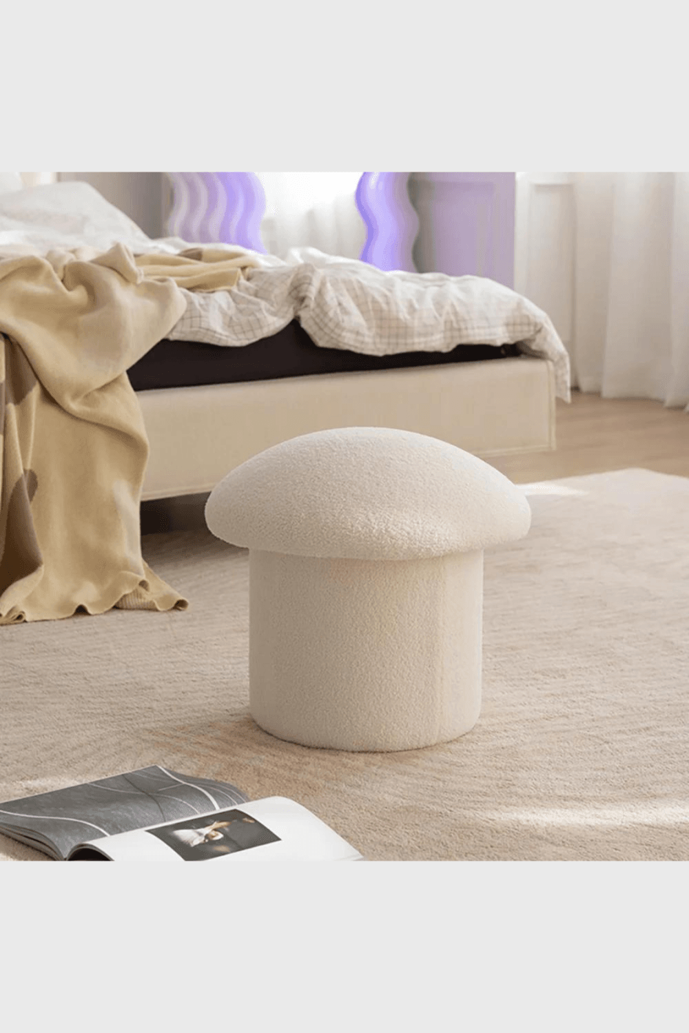 Lush Collective | Homary Modern White Boucle Mushroom Ottoman Upholstered Pouf Novelty Footstool Cute Footrest Bedroom