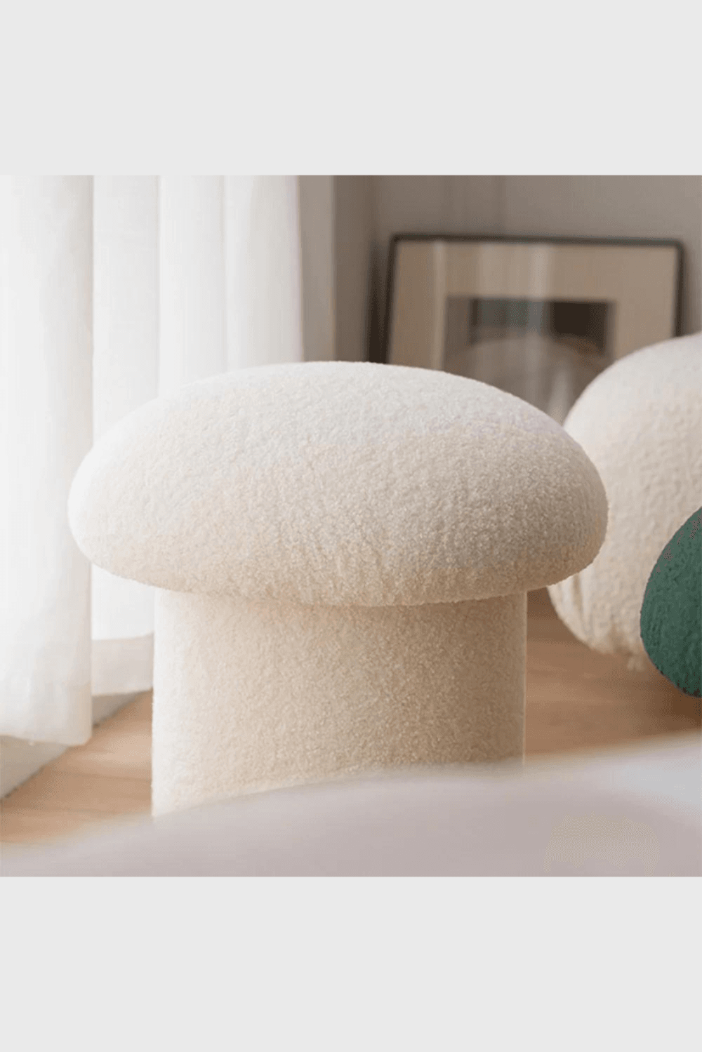Lush Collective | Homary Modern White Boucle Mushroom Ottoman Upholstered Pouf Novelty Footstool Cute Footrest Detail