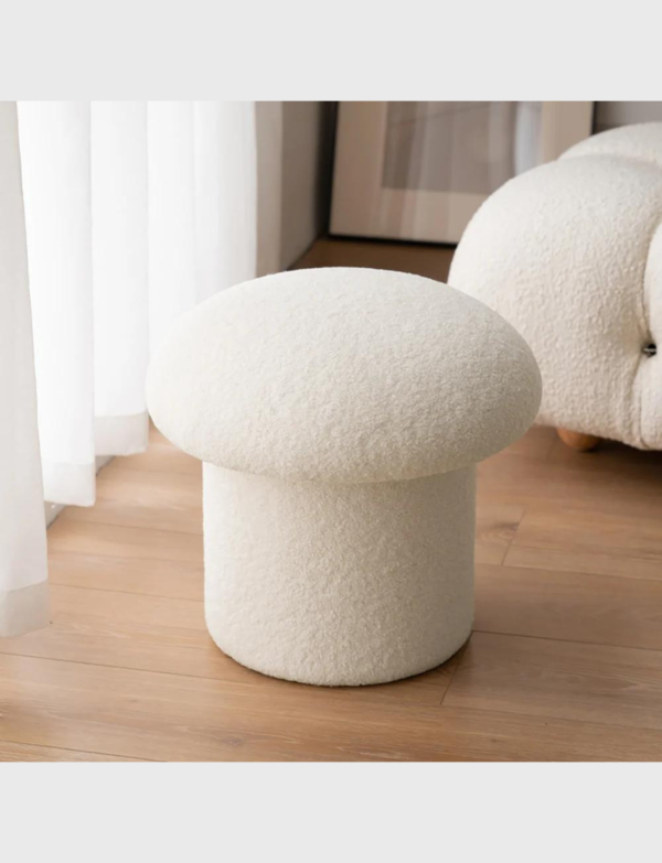 Lush Collective | Homary Modern White Boucle Mushroom Ottoman Upholstered Pouf Novelty Footstool Cute Footrest