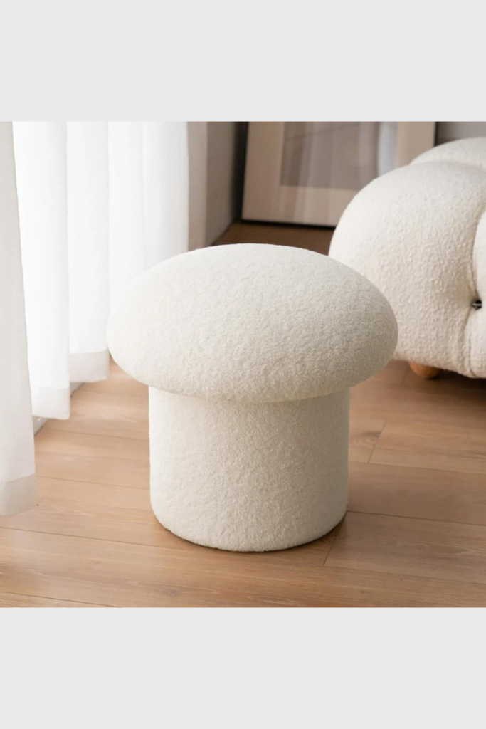 Lush Collective | Homary Modern White Boucle Mushroom Ottoman Upholstered Pouf Novelty Footstool Cute Footrest