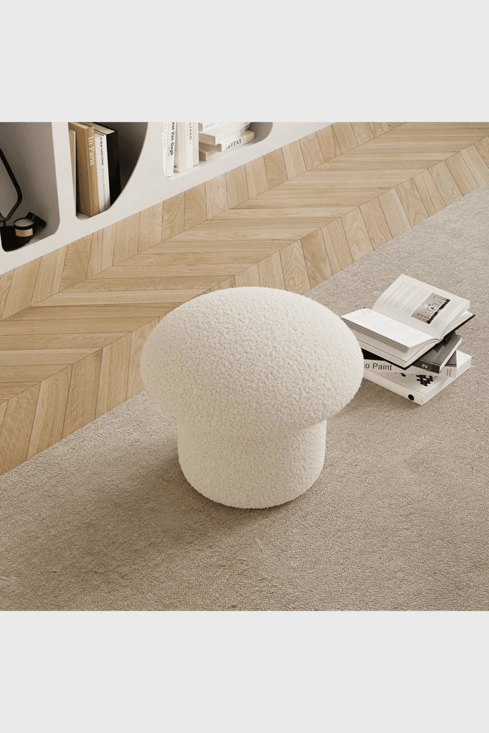 Lush Collective | Homary Modern White Boucle Mushroom Ottoman Upholstered Pouf Novelty Footstool Cute Footrest 2