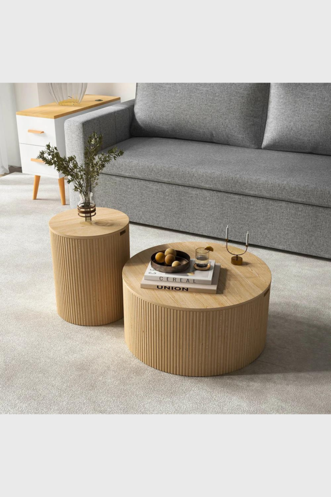 Lush Collective | Homary Japandi Round Wood Coffee Table Set of 2 with Storage in Natural Finish