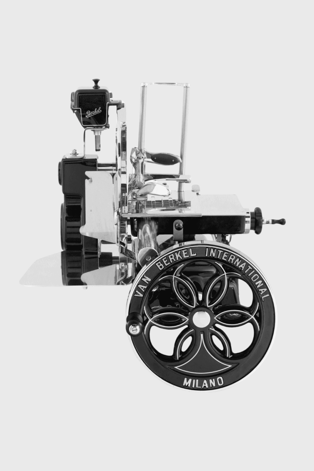 Lush Collective | Berkel B114 Flywheel Cured Meat Slicer Volano B114 Black + Pedestal Front