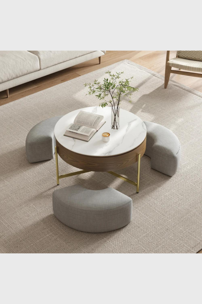 Lush Collective | Homary Modern Round Lift-Top Coffee Table Set with Storage & 3 Ottomans White & Walnut