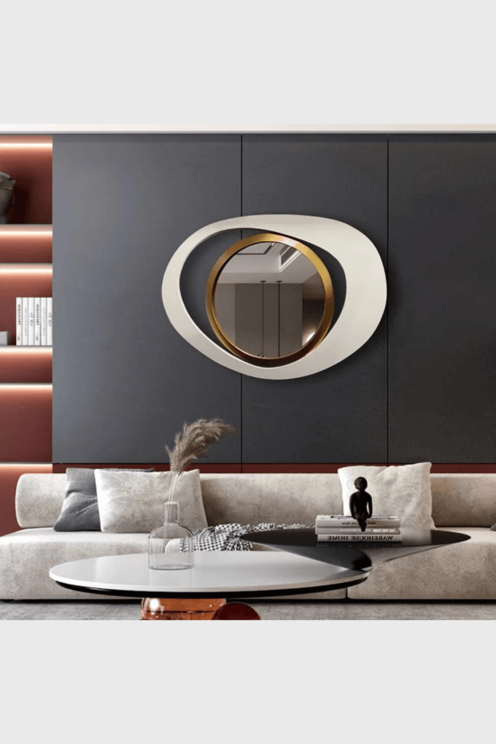 Lush Collective | Homary Modern 23.6" Large White & Gold Abstract Geometry Wall Mirror Decor Living Room