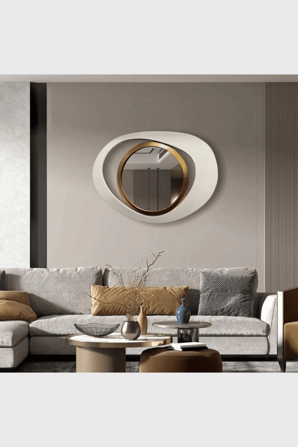 Lush Collective | Homary Modern 23.6" Large White & Gold Abstract Geometry Wall Mirror Decor Living Room 2