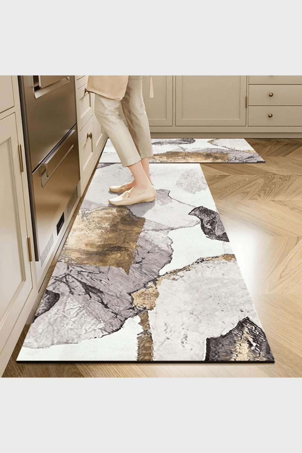 Lush Collective | Homary 2 Pieces Modern Gold Kitchen Runner Mats Non-slip Abstract Kitchen Mat Set