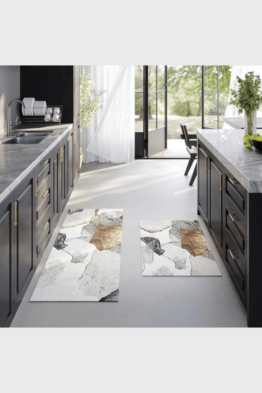 Lush Collective | Homary 2 Pieces Modern Gold Kitchen Runner Mats Non-slip Abstract Kitchen Mat Set Dark Kitchen
