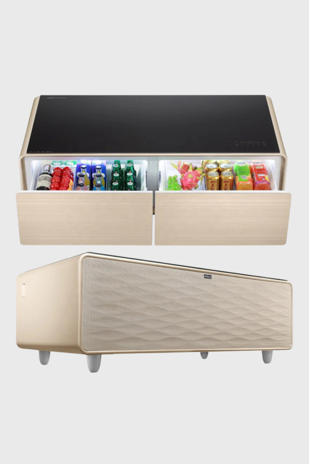 Lush Collective | Ozarke Smart Side Coffee Table With Refrigerator Bluetooth Speaker & Wireless Charging Fridge