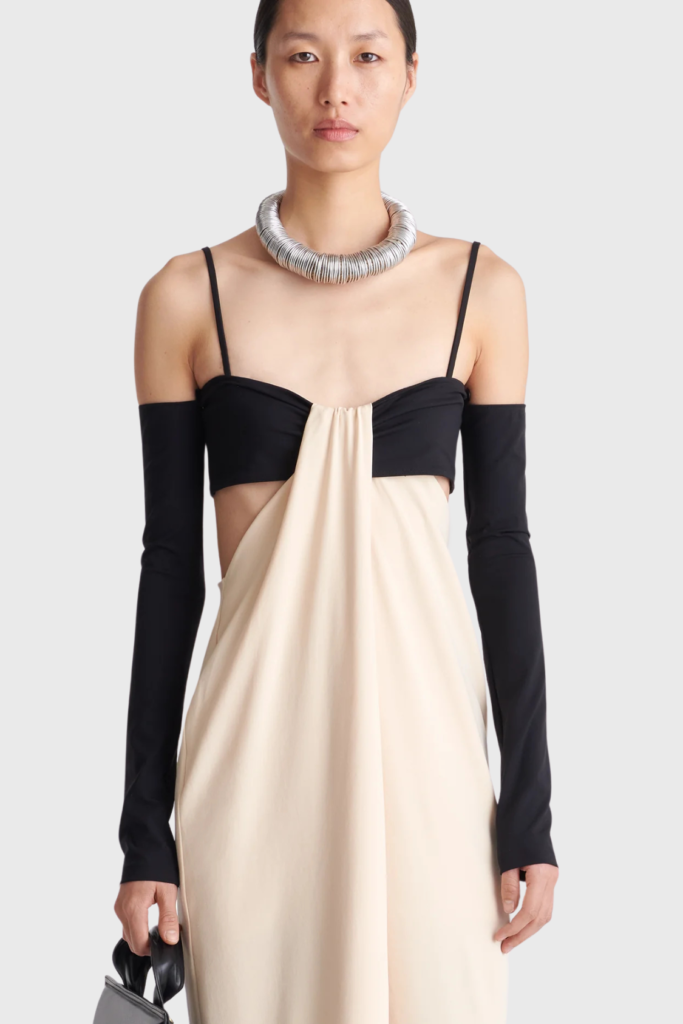 Lush Collective | Nanushka Selly Draped Georgette and Jersey Dress in Butter/Black - Close-up