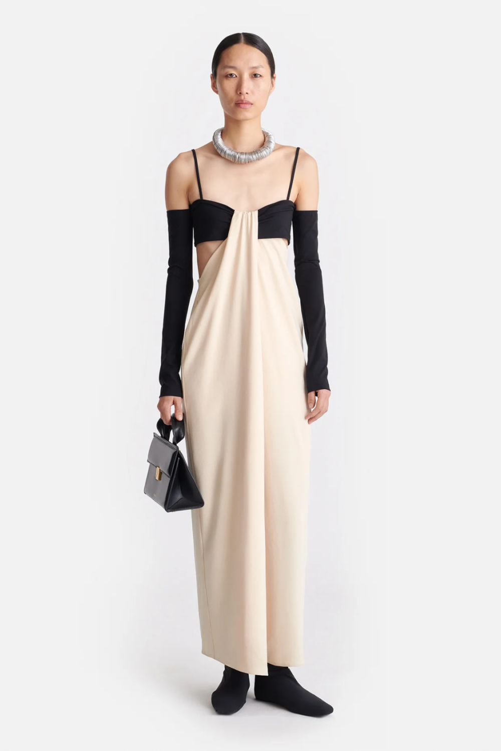 Lush Collective | Nanushka Selly Draped Georgette and Jersey Dress in Butter/Black - Front