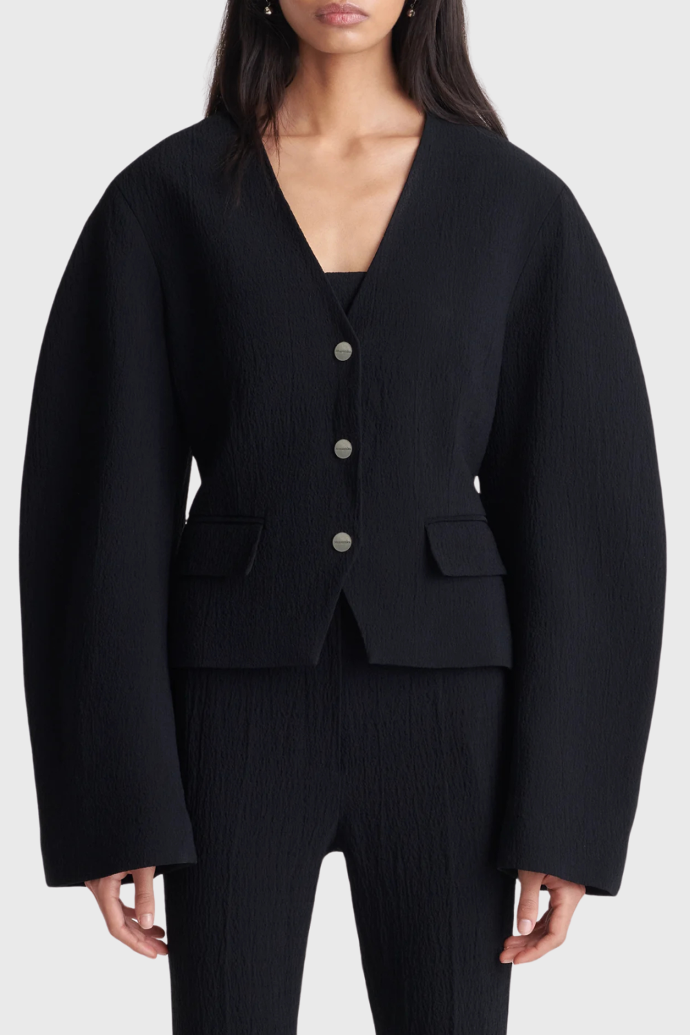 Lush Collective | Nanushka Kiyo Seersucker Blazer in Black | Modern Women's Tailored Jacket - Close-up