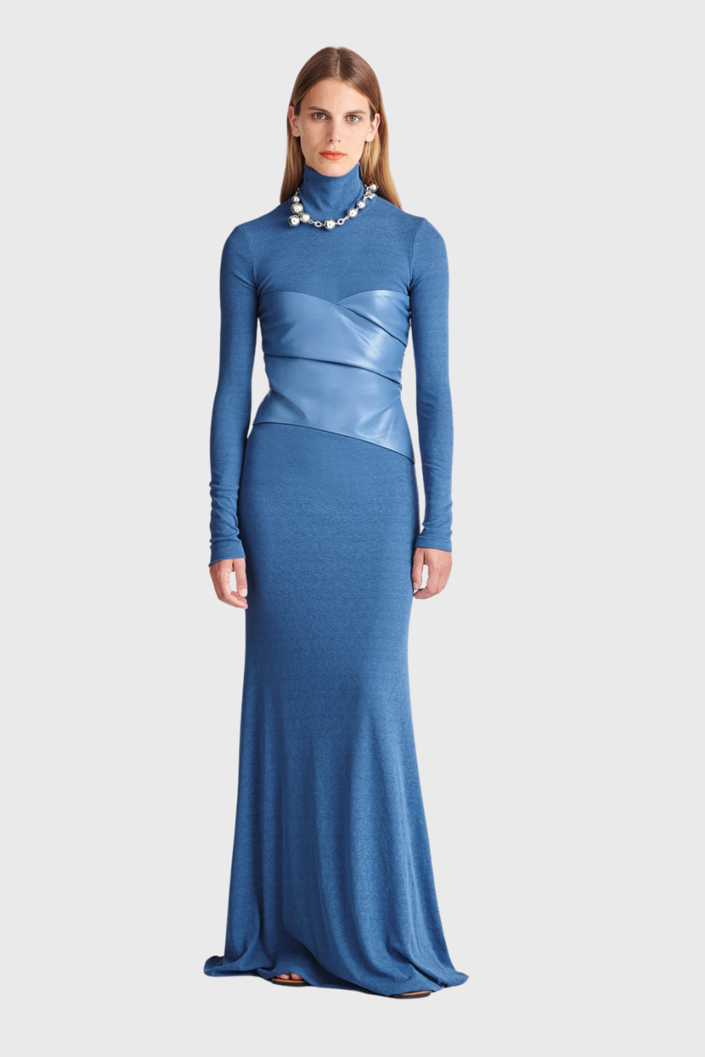 Nanushka Amabel Mesh Jersey and OKOBOR™ Alt-Leather Maxi Dress | Sustainable Luxury Fashion - Blue