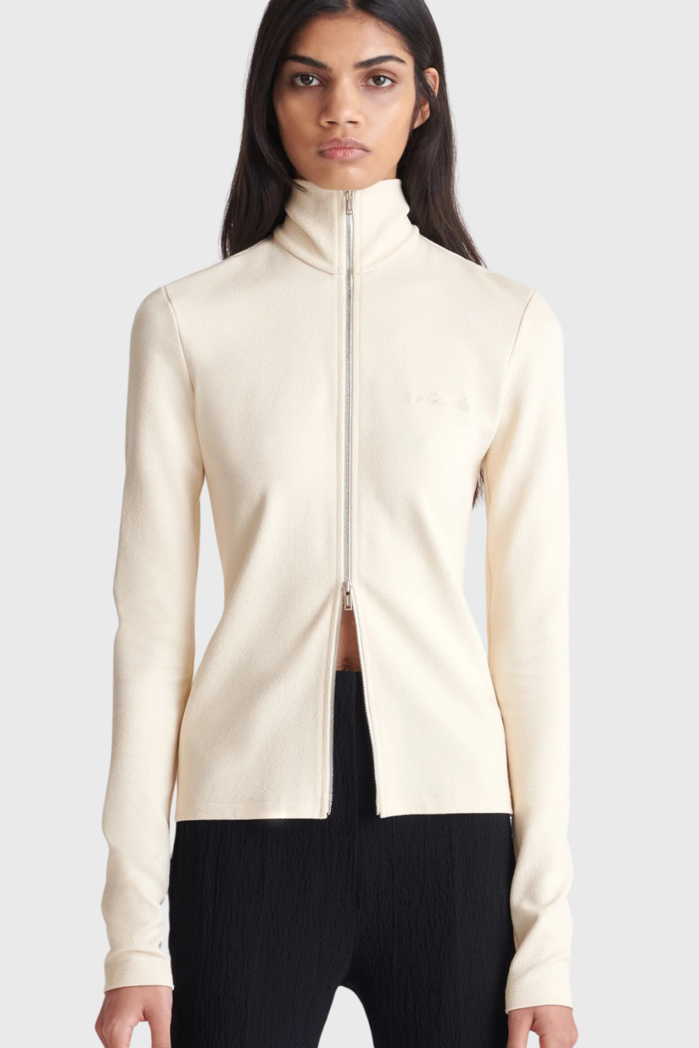 Lush Collective | Nanushka Abelia Zip-Up Double Jersey Top in Creme | Modern Women's Fashion - Close-up