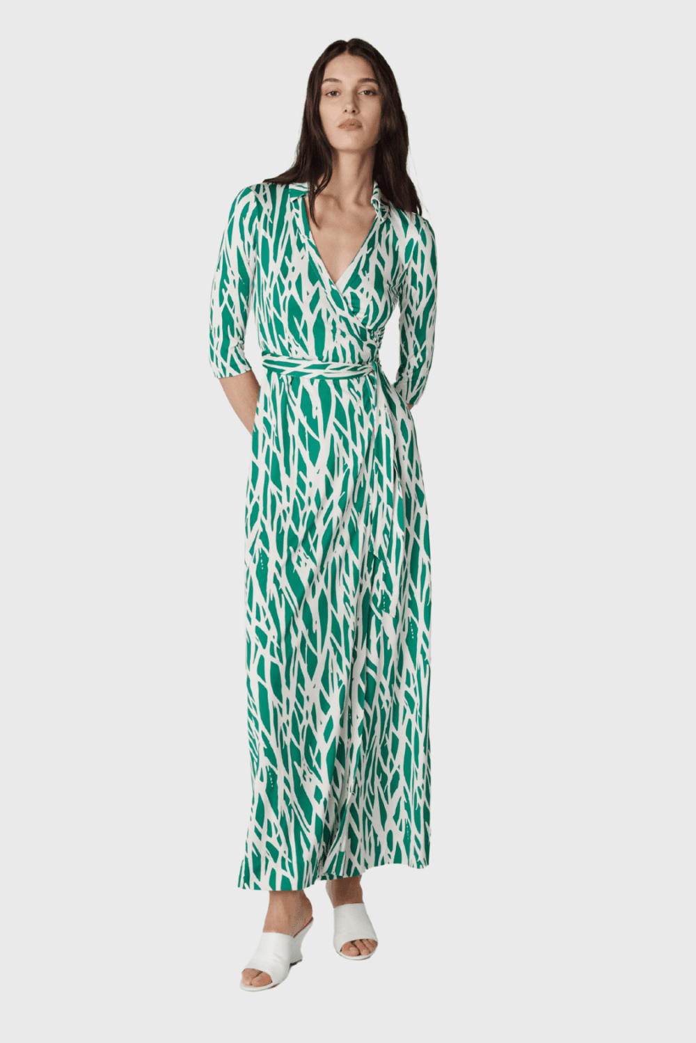 Lush Collective | Diane von Furstenberg Abigail Silk Jersey Maxi Wrap Dress in Twig Green - Front
