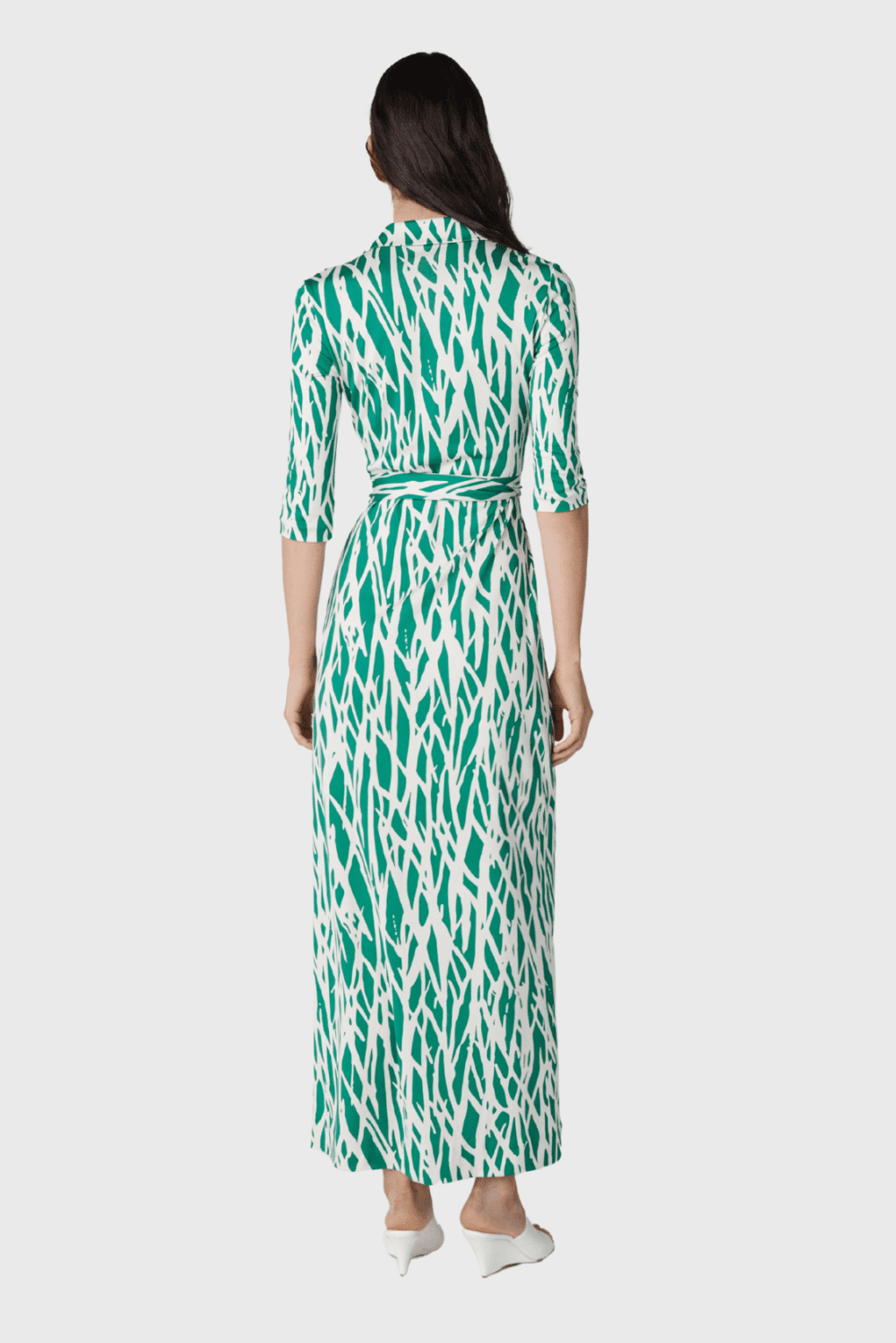 Lush Collective | Diane von Furstenberg Abigail Silk Jersey Maxi Wrap Dress in Twig Green - Back