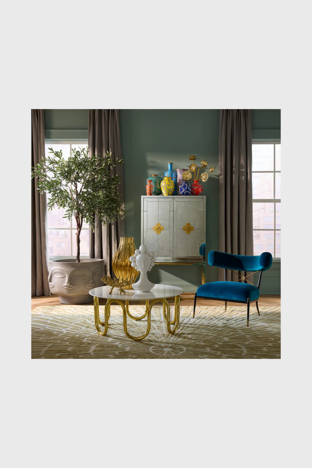 Lush Collective | Jonathan Adler Eden Square Vase | Celadon Porcelain with Gold Serpent Accents - Living Room