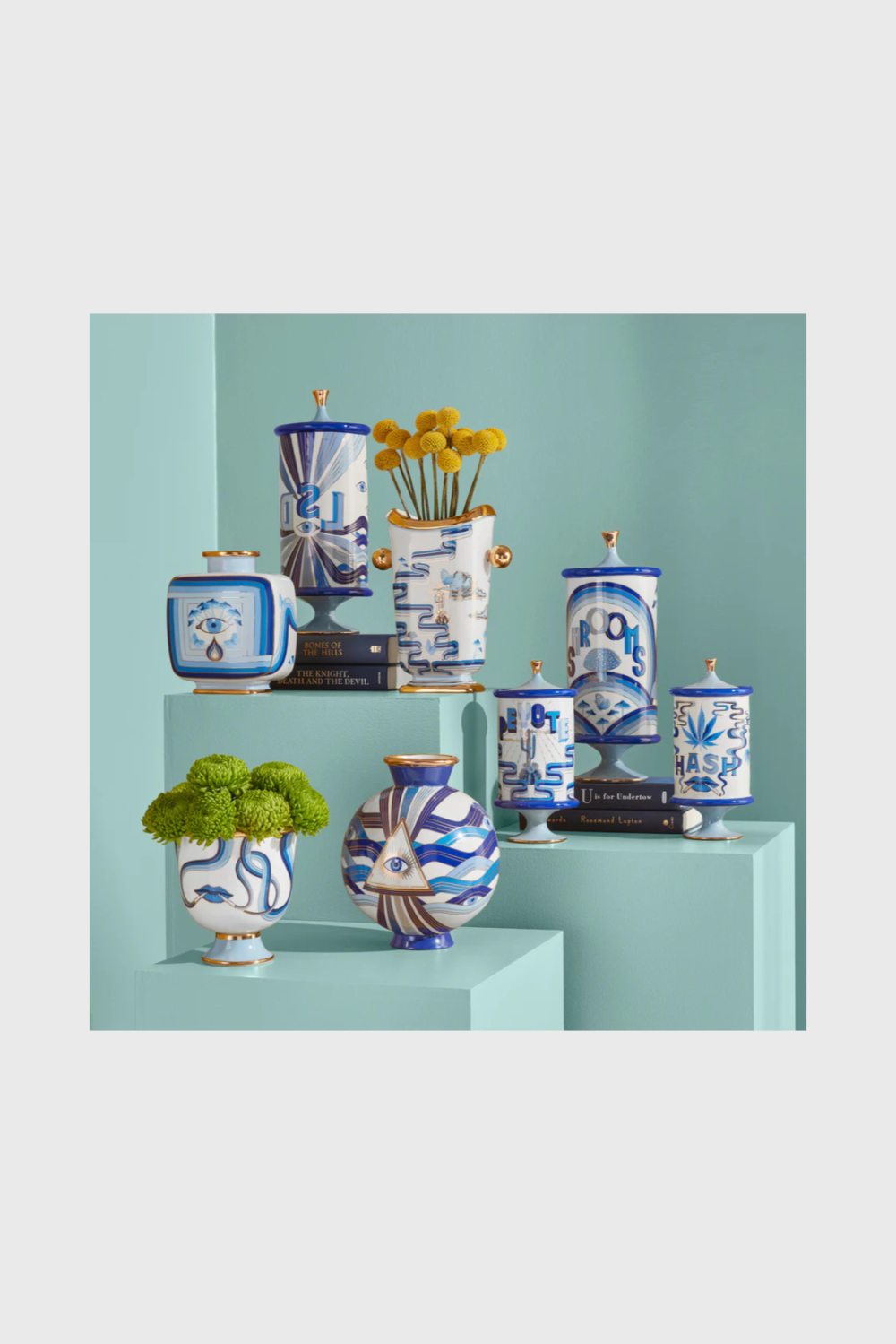 Lush Collective | Jonathan Adler Druggist Square Vase | High-Fired Porcelain with Gold Accents - Matching Set