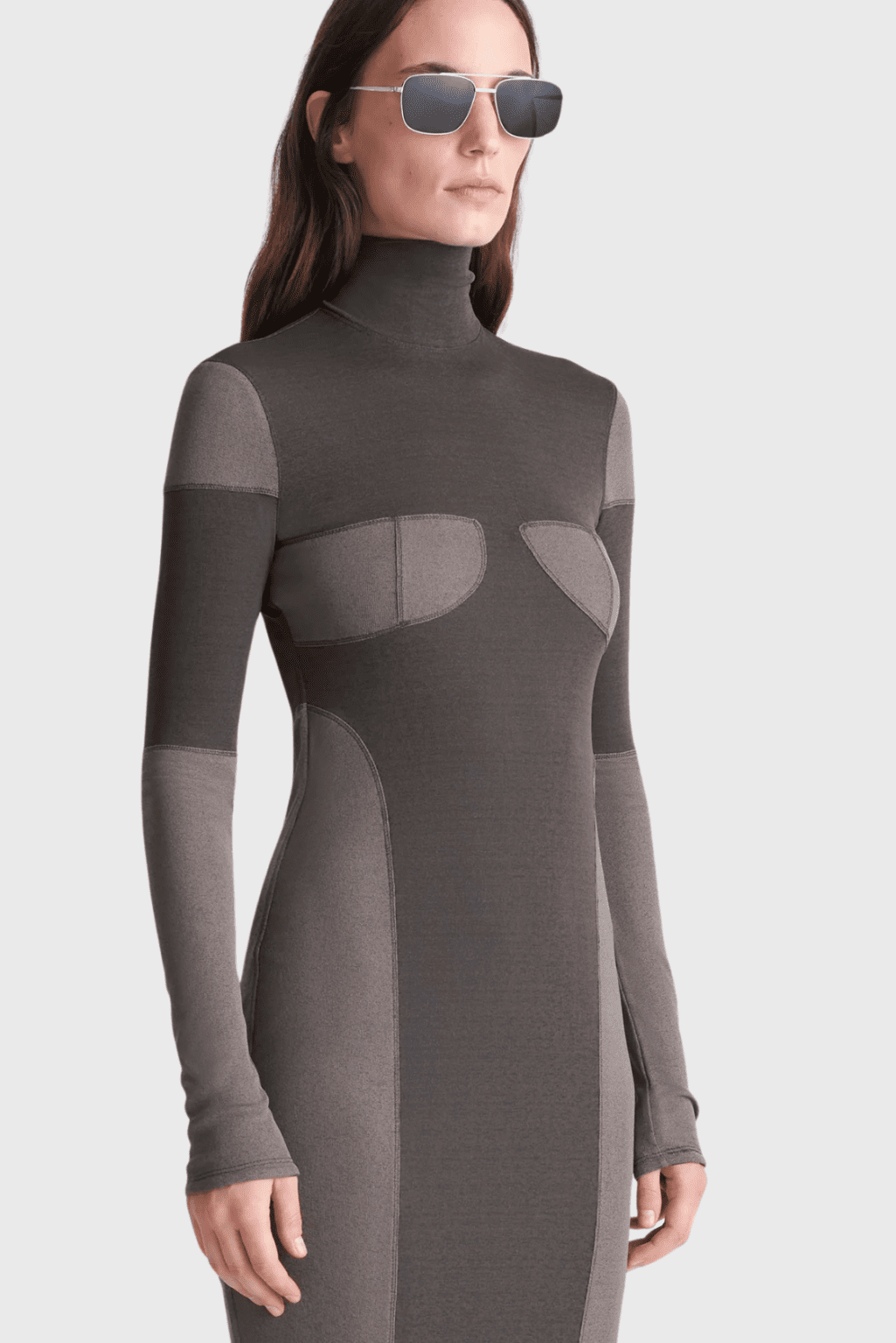 Lush Collective | Nanushka Imelda Patchwork Mesh Jersey Midi Dress | Dark Moss & Fossil Grey