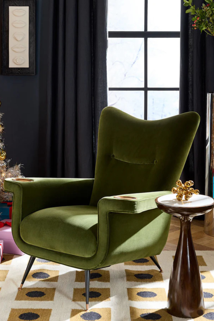 Lush Collective | Jonathan Adler Pierre Lounge Chair in Varese Olive Green