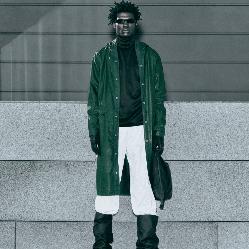 Men's fashion streetwear with waterproof coat and layered look for urban style.