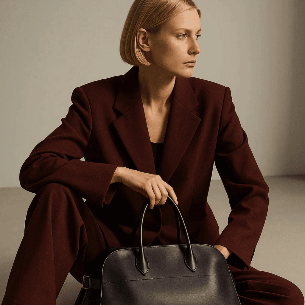 Luxury fashion woman in tailored suit holding handbag, elegant style, professional attire, chic office look, modern business fashion.