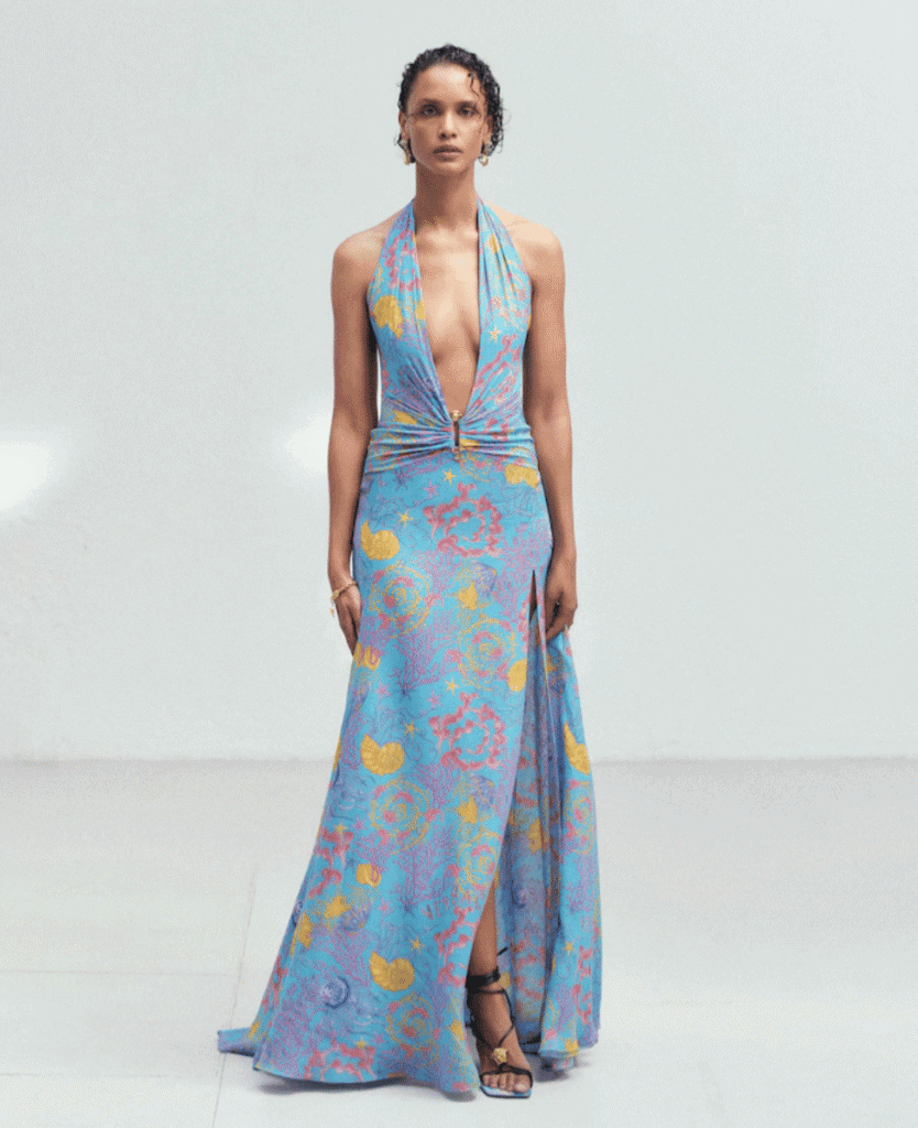 Vibrant blue and yellow patterned summer maxi dress with a thigh-high slit.