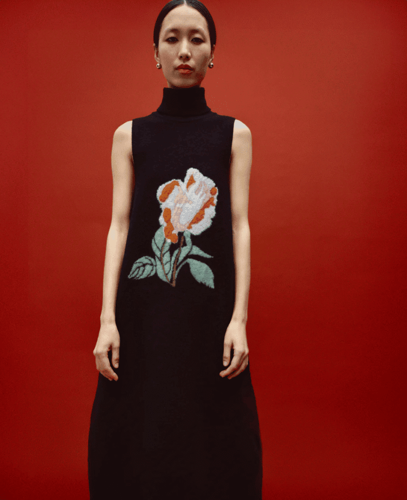 Black sleeveless dress with floral embroidery against a red background.