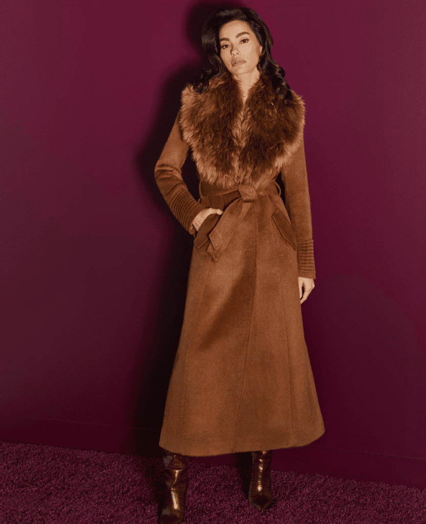 Luxury fall fashion coat with faux fur collar in warm brown tones.