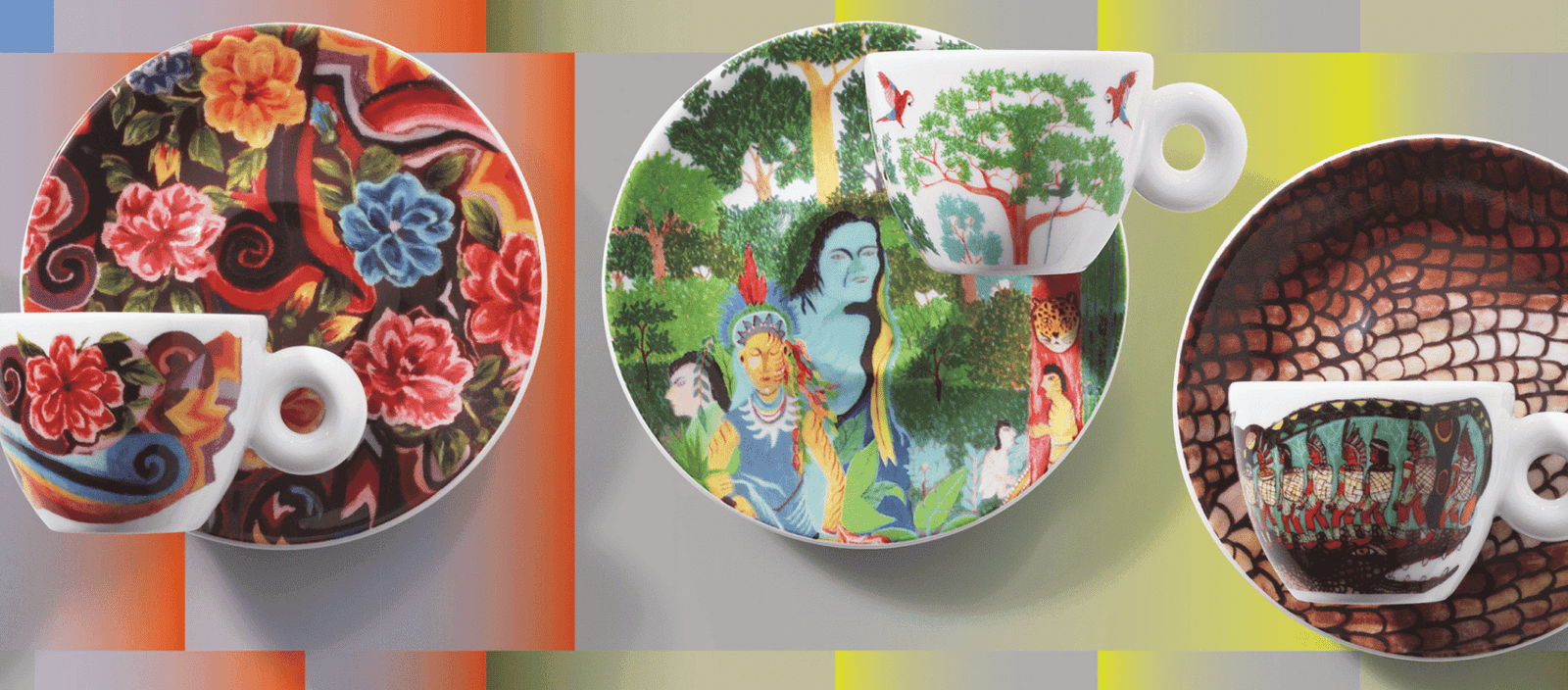 Colorful artistic ceramic tableware set with vibrant floral and indigenous designs for home decor.
