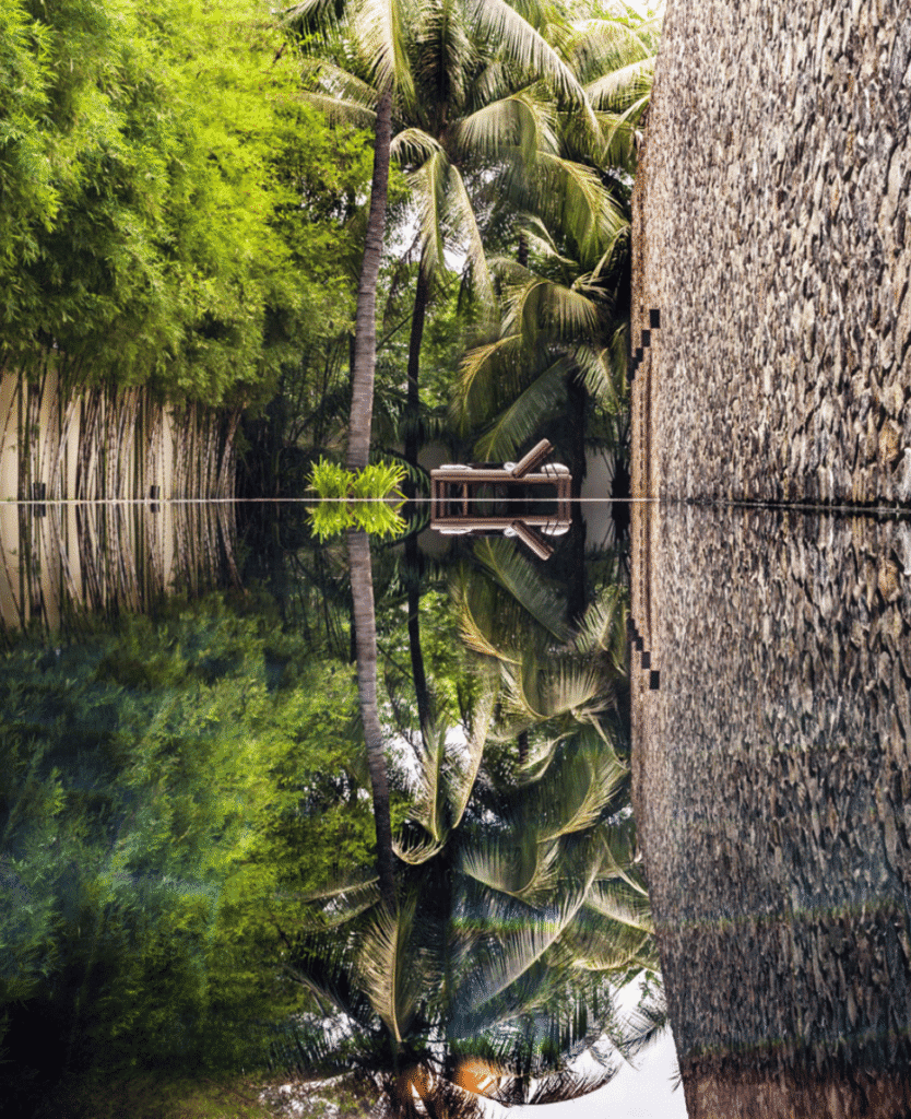 Tranquil outdoor pool surrounded by lush tropical greenery and stone wall, perfect for relaxation.