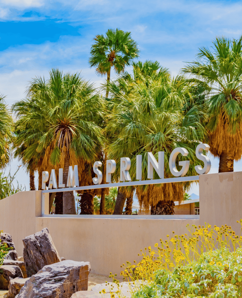 Palm Springs outdoor sign with lush palm trees and desert plants, vibrant California scenery for lifestyle and travel SEO.