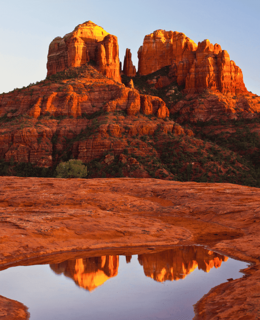 Red rock formations at sunset in Sedona.