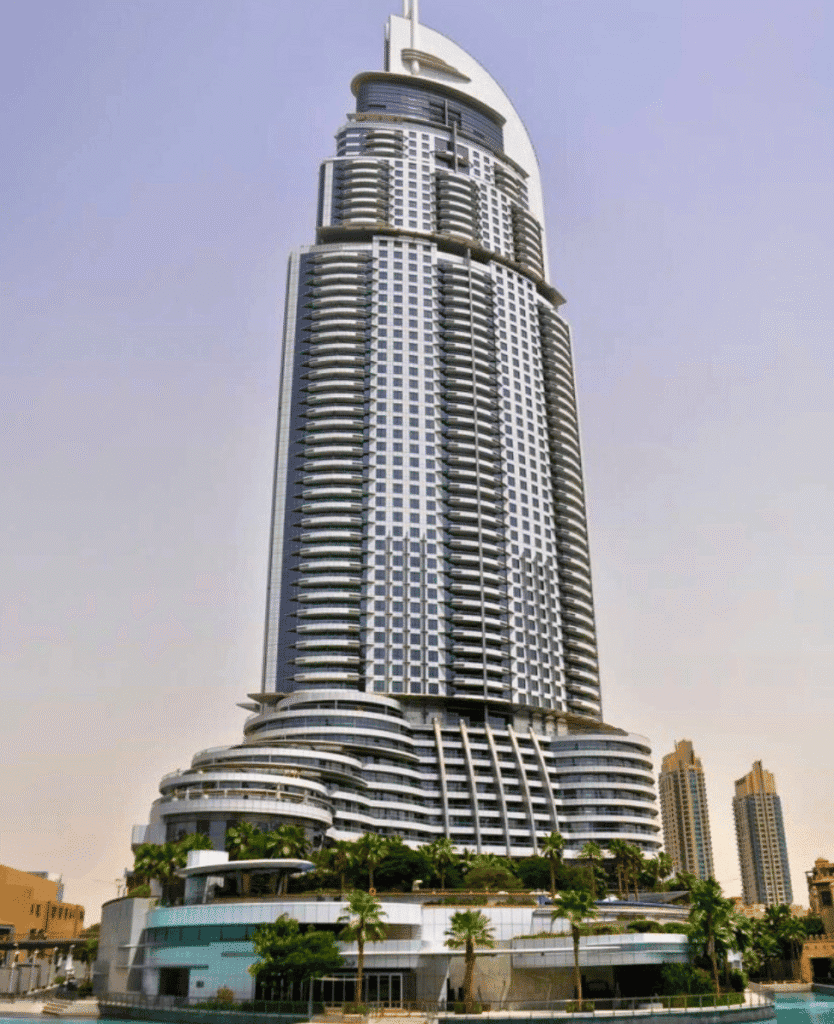Luxury modern skyscraper in Dubai with unique architectural design.