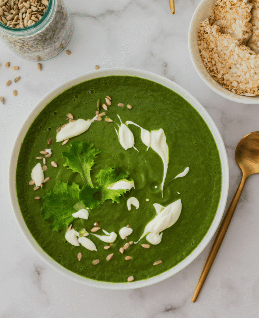 Creamy green vegetable soup garnished with lettuce, sunflower seeds, and cream swirl on top. Healthy, fresh, and nutritious meal option.