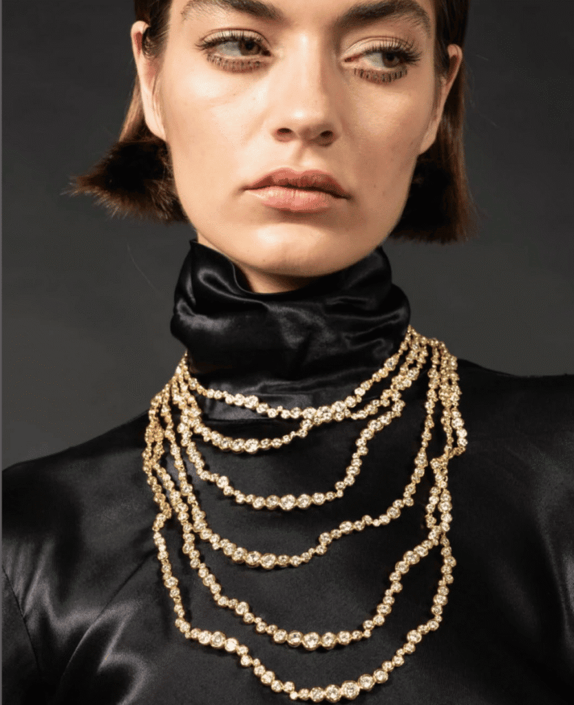 Luxury diamond layered necklace, elegant jewelry, high-end accessories, fashion statement piece.